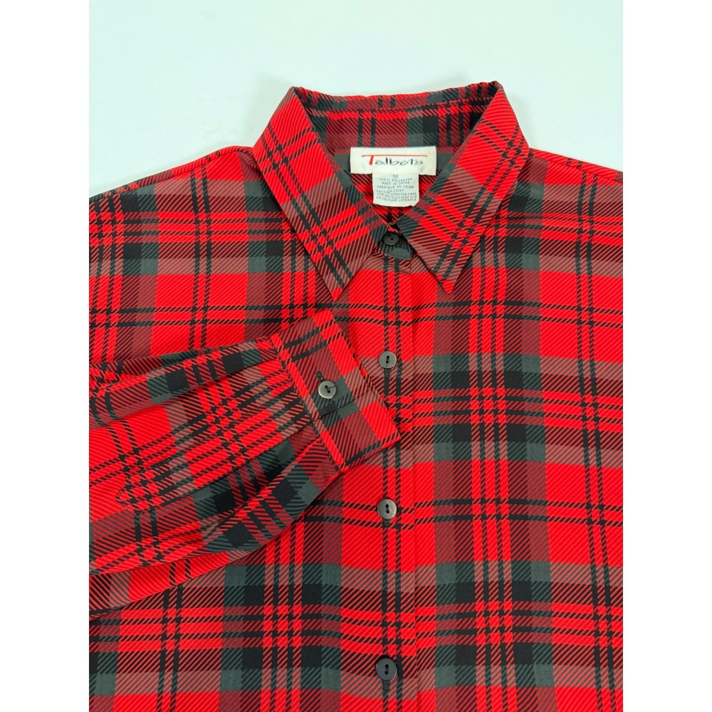 Talbots Womens Red Black Plaid Button Down Blouse Shirt Size 12 Long Sleeve